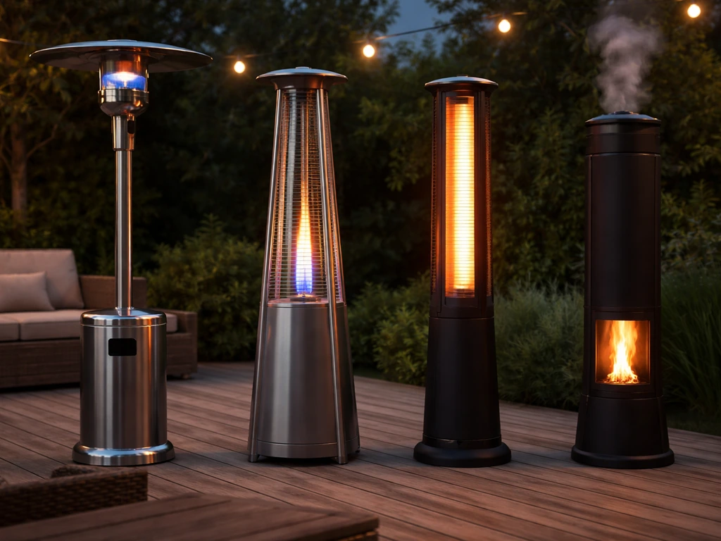 Quiet outdoor patio at dusk showing propane flame, gas burner, electric infrared glow, and pellet smoke side-by-side.