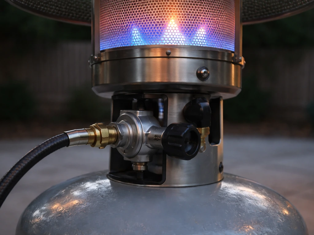 Close-up of a propane patio heater with a blue burner flame and visible tank connection outdoors.