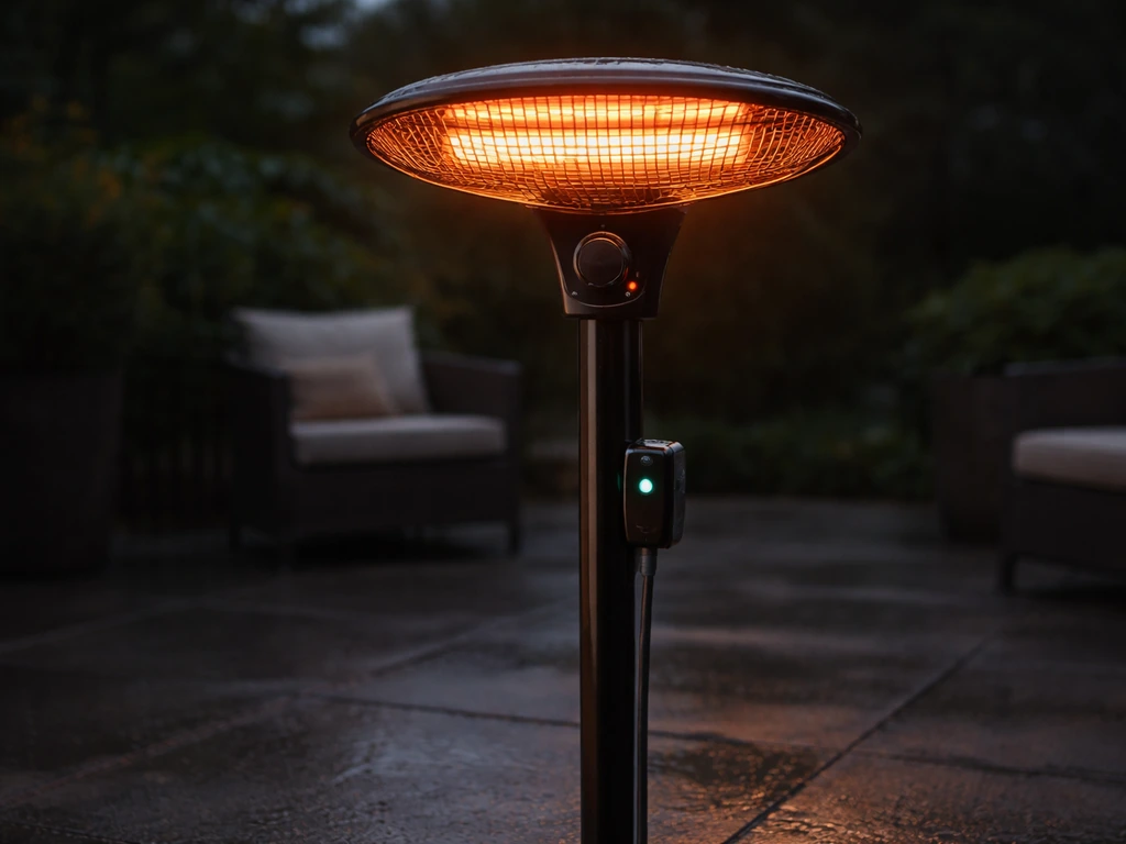 Electric patio infrared heater on a rainy patio with control dial and a smart plug status light.