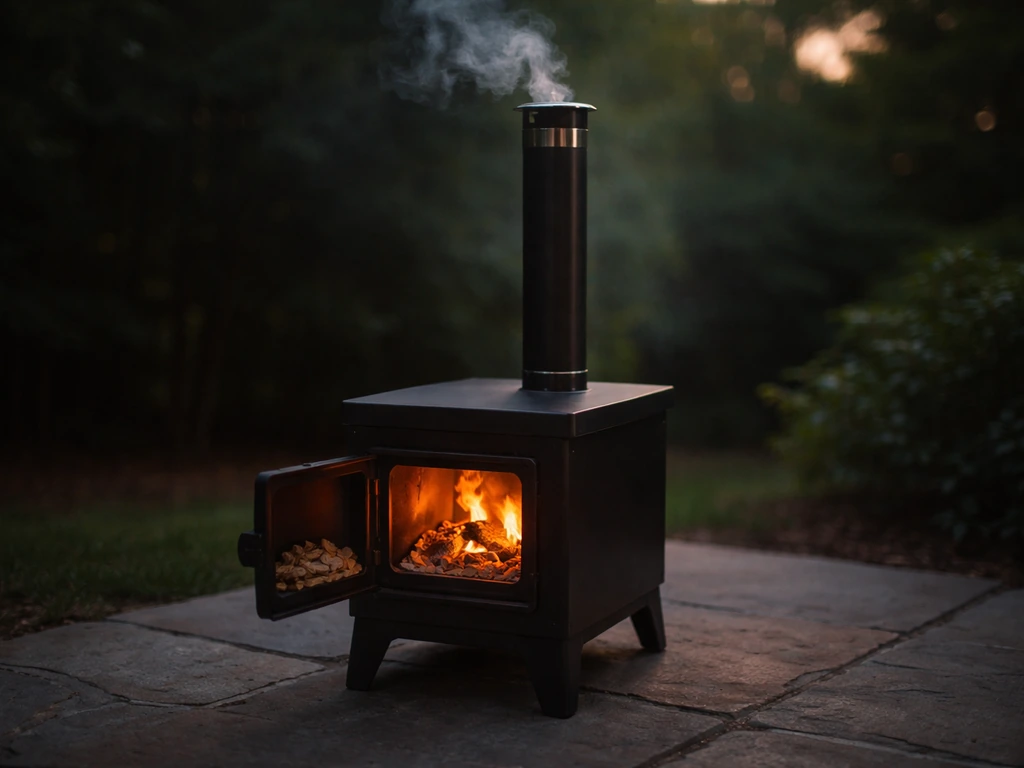 Outdoor patio wood/pellet heater with visible flue and glowing embers emitting light smoke