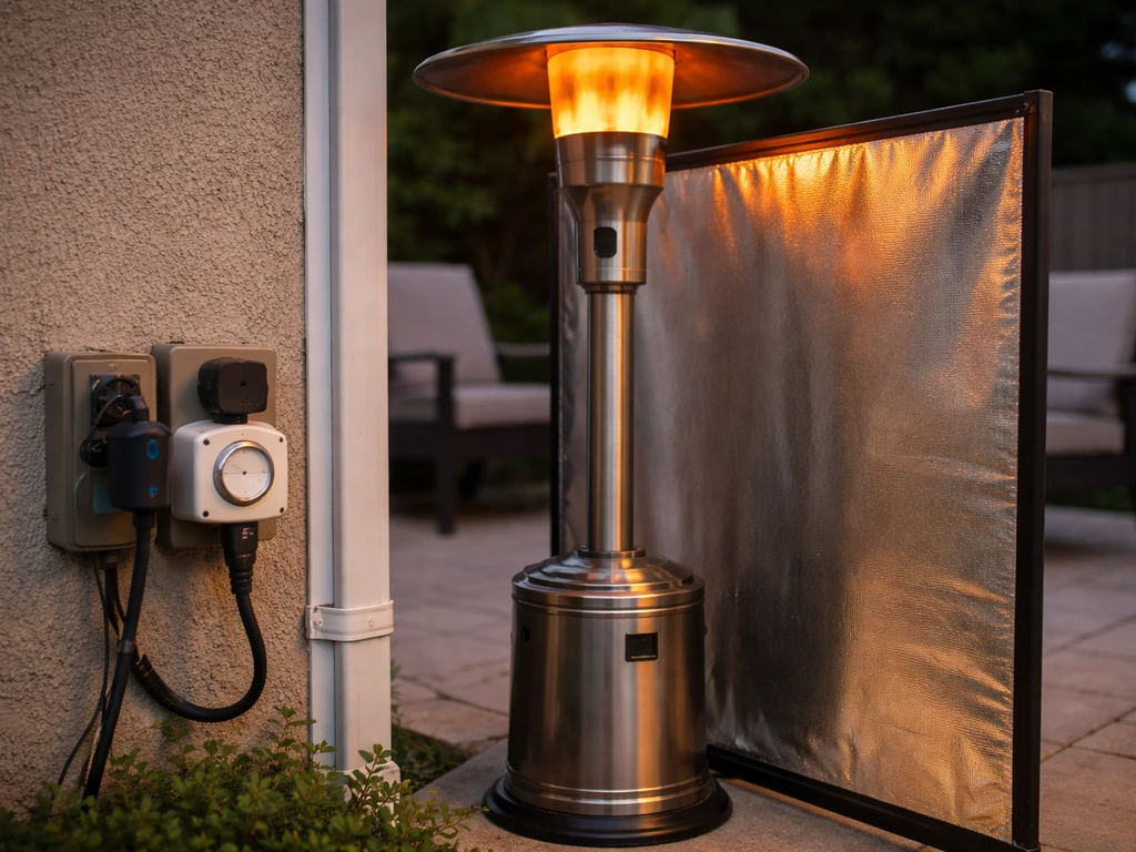 Patio heater with a timer/smart plug and a simple wind barrier to improve efficiency.