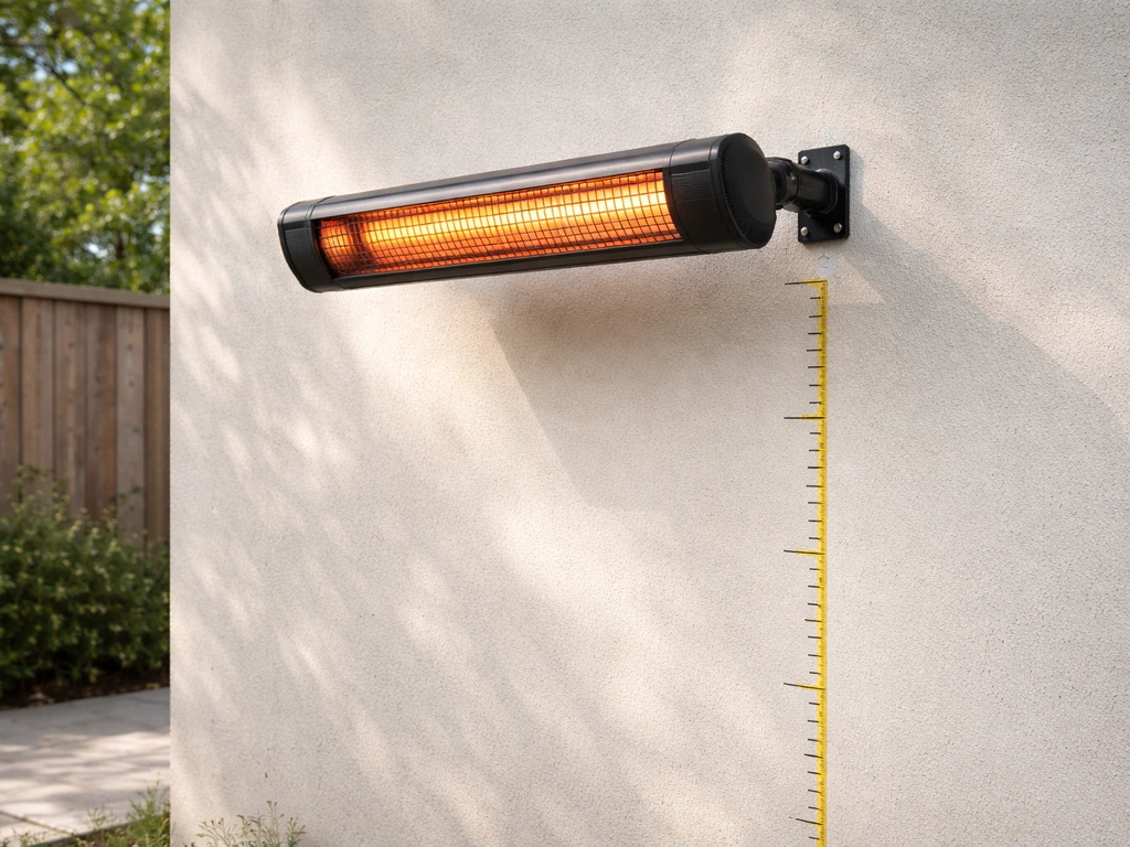 Wall-mounted infrared patio heater aimed toward seated area with visible mounting bracket and height reference marks.