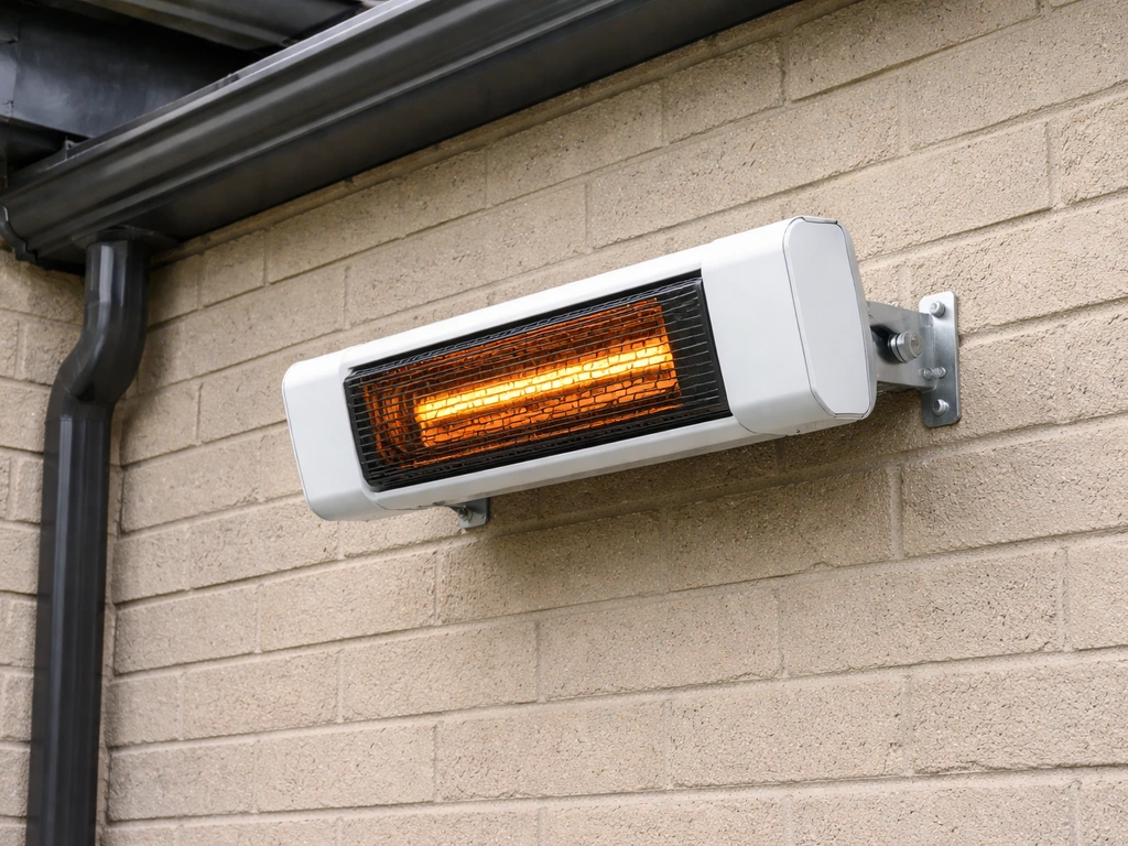 Wall-mounted heater on masonry with visible anchor bolts, mounted away from gutter drip/pooling water area.