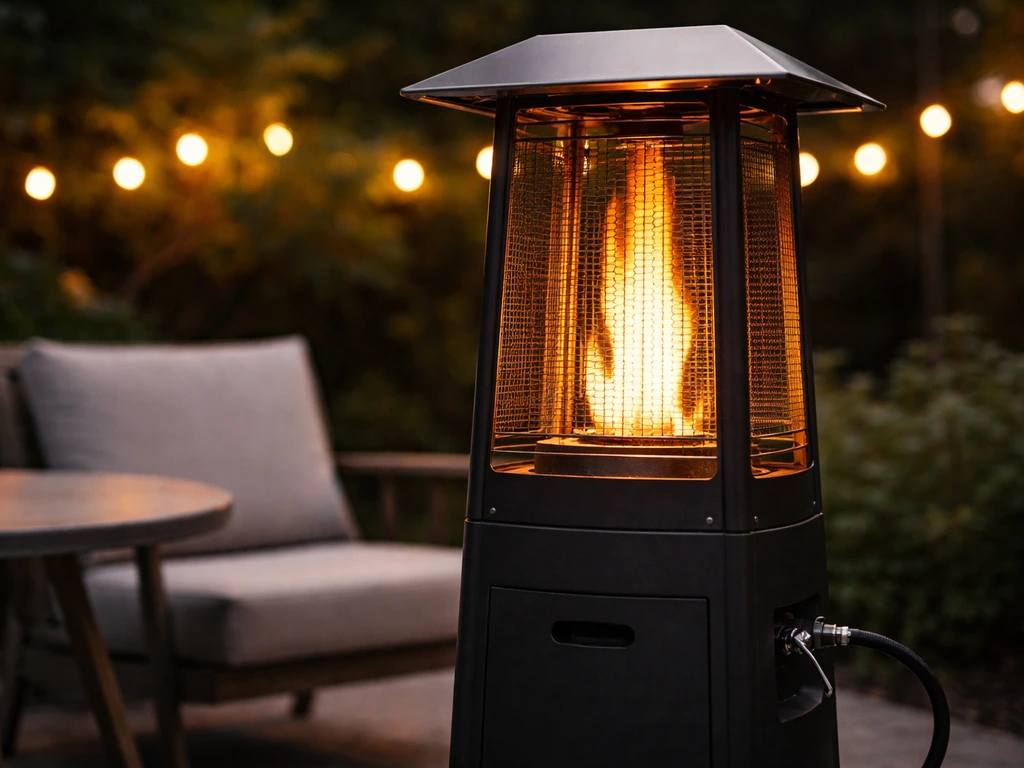 Propane tower patio heater with warm radiant glow beside simple outdoor seating, no people.