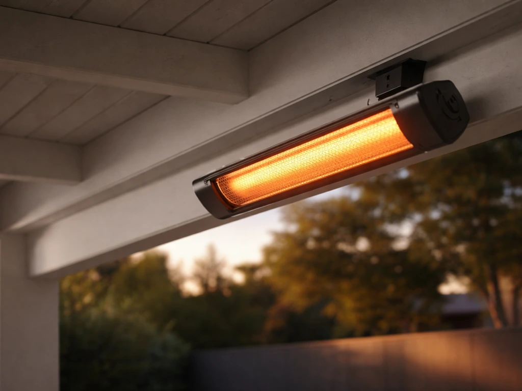 Wall-mounted electric infrared heater under a patio cover, showing its directional radiant panel.