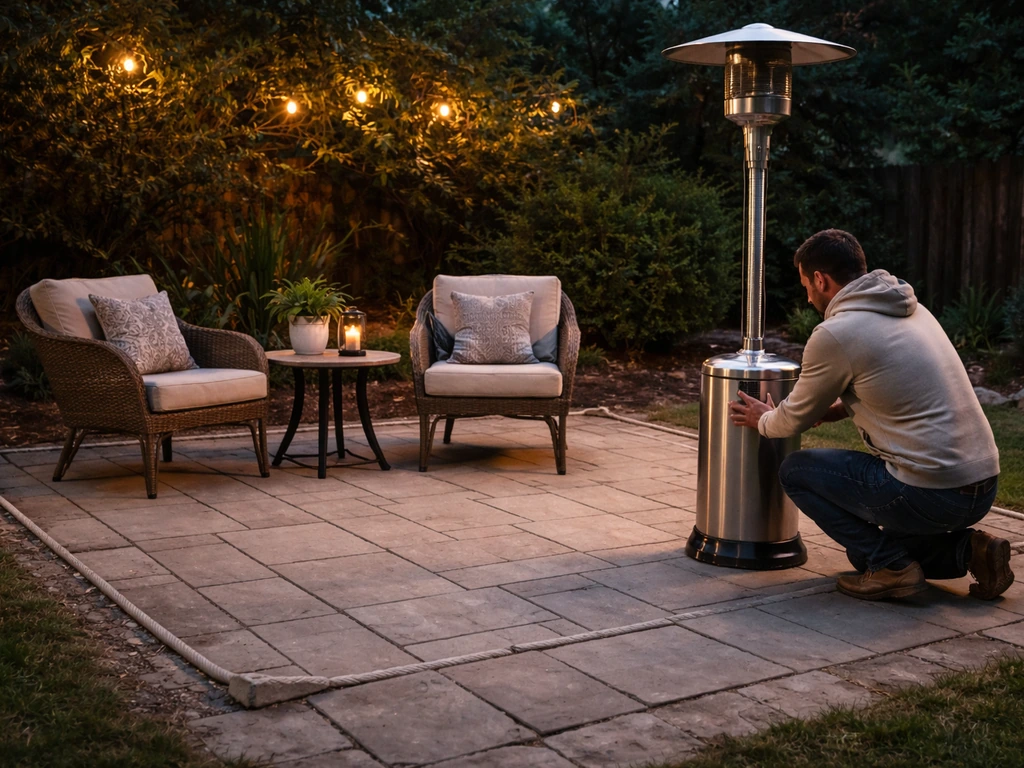 Person placing a patio heater near a lounge seating area with chairs and a small table arranged
