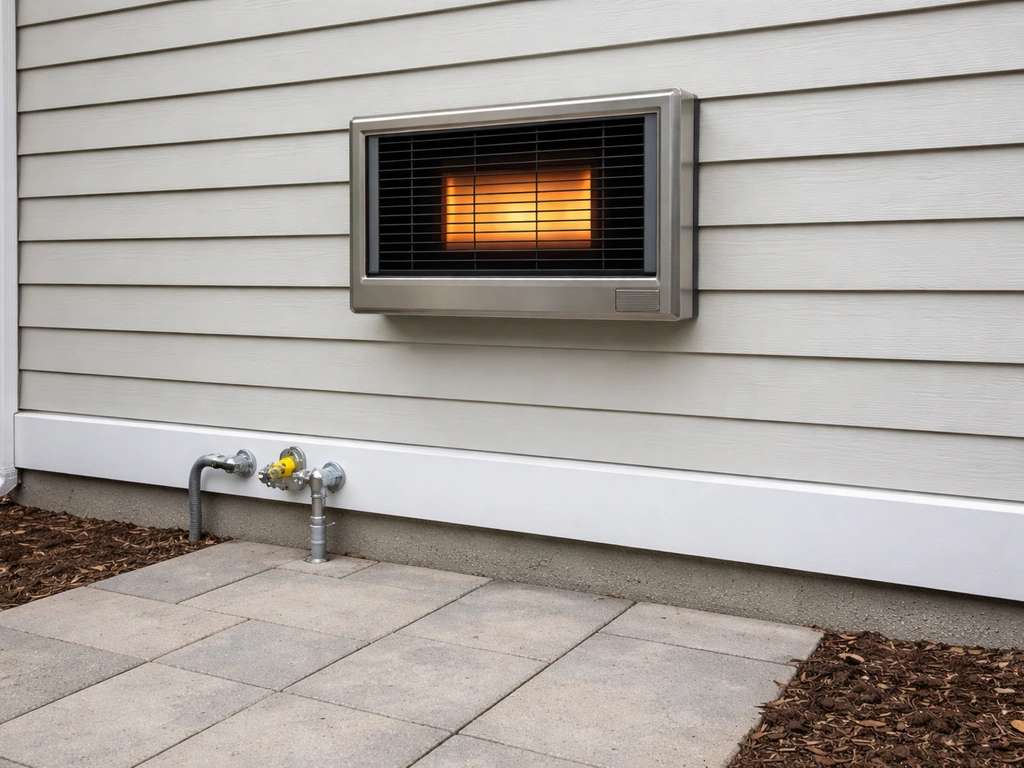 Outdoor gas heater installed with clearances around it and an accessible shutoff/regulator area.