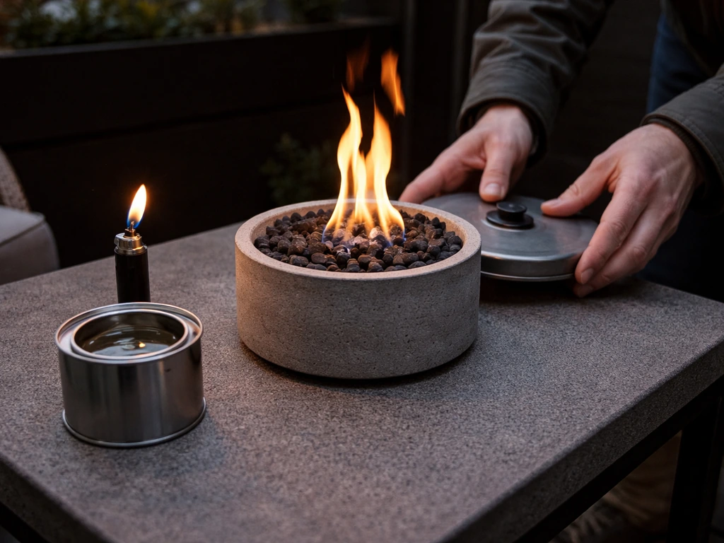 Tabletop alcohol/gel fuel fire pit with a fuel jar and small flame, safety-focused caution theme.