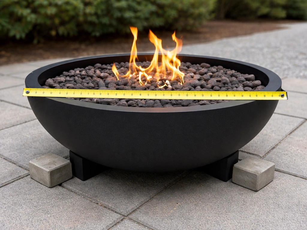 Close-up of a small patio fire pit with a tape measure across its diameter and nearby clearance markers.