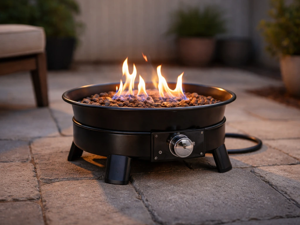 Compact propane fire pit on a small patio, warm glow highlighting the Outland Living Firebowl 870-style design