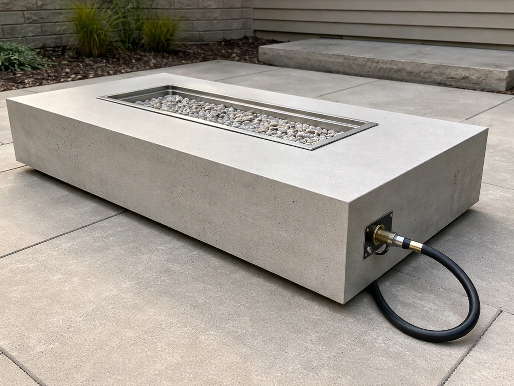 Low-profile natural gas fire pit table on a patio with a neatly connected gas line, no people.
