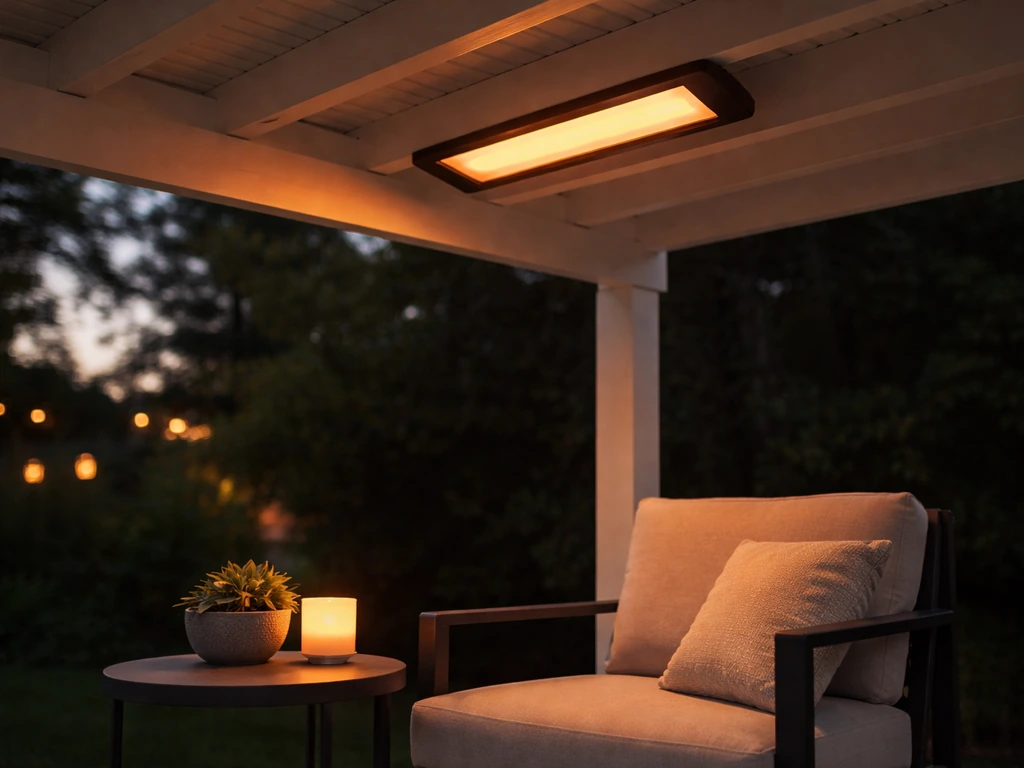 Ceiling-mounted electric infrared heater casting a warm glow over outdoor patio furniture under a covered roof.