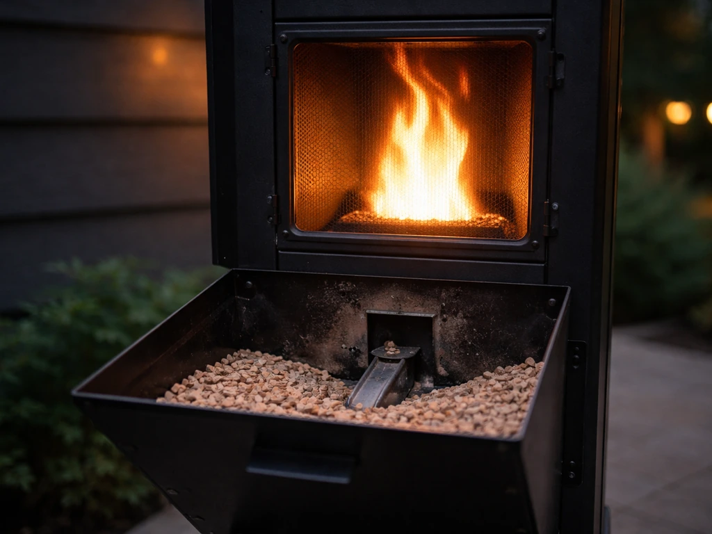 Outdoor pellet patio heater with visible flame and open hopper showing manual pellet loading area.