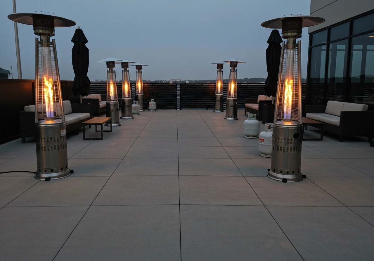Spacious outdoor patio with multiple propane heaters positioned near seating for even infrared warmth.