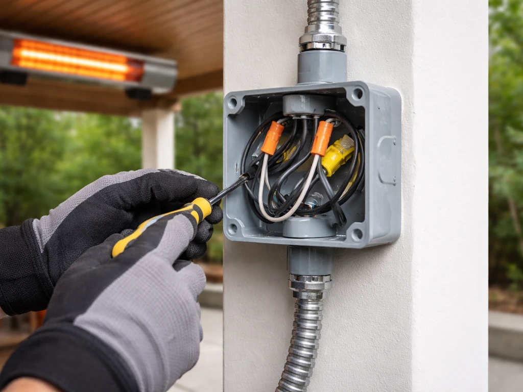Gloved hands tightening a weatherproof outdoor junction box for a hardwired electric infrared heater under a patio.