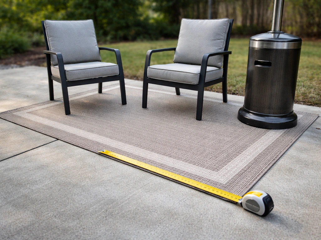 Outdoor patio seating area with chairs on a defined rug and a tape measure laid on the ground.