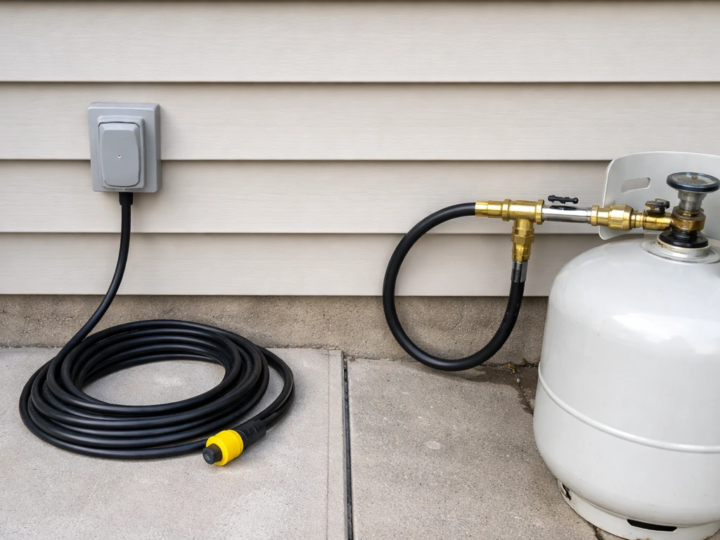 Outdoor electrical outlet beside an LP tank area and a gas-line tee for heater fuel access planning.