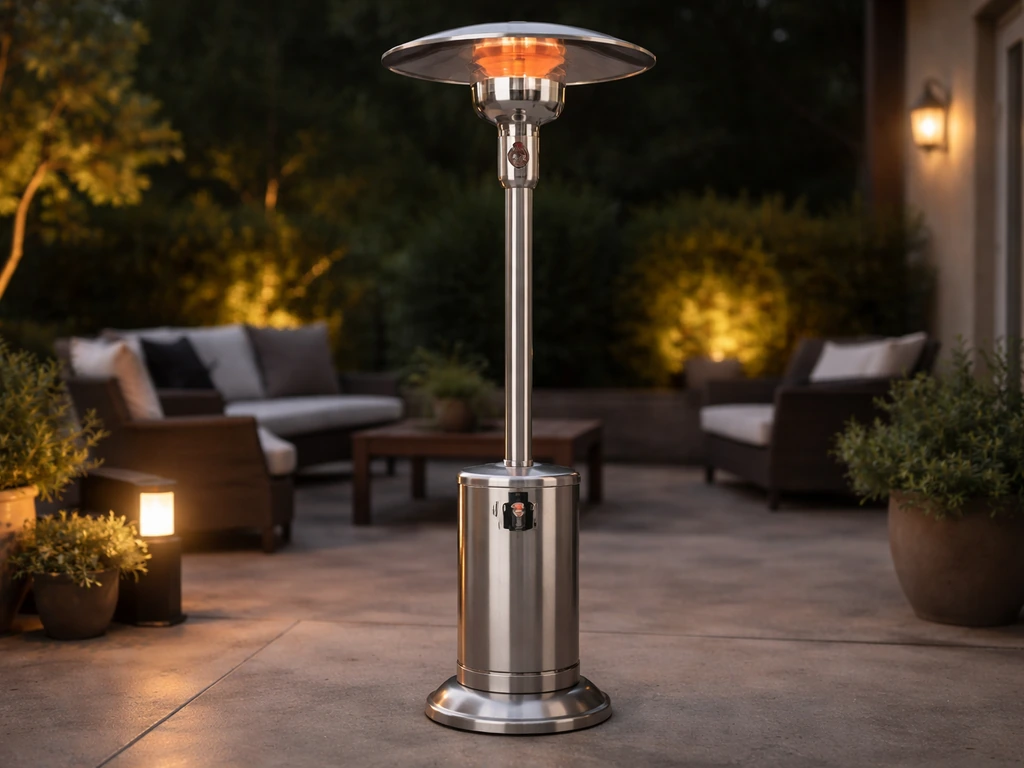 Stainless propane patio heater tower with visible knobs on an open residential patio, warm ambient light.