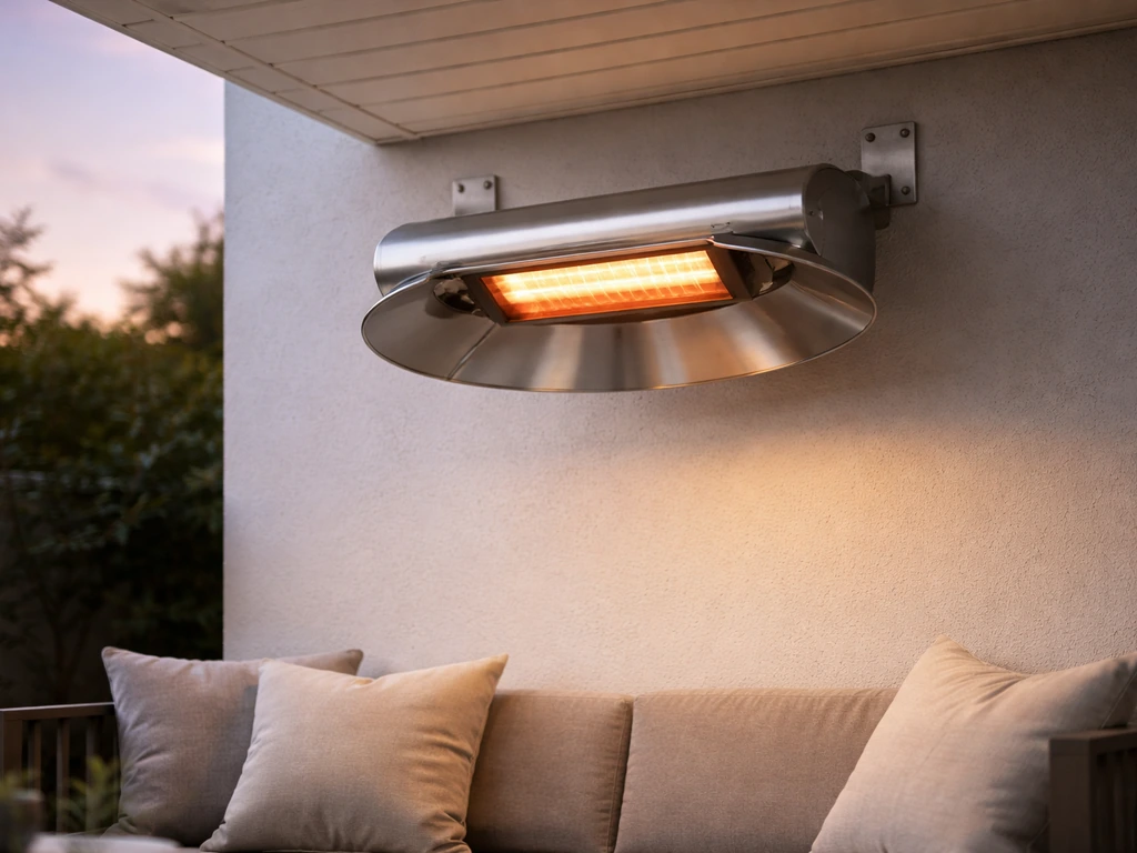 Wall-mounted natural gas patio heater with round reflector above a quiet patio seating area.
