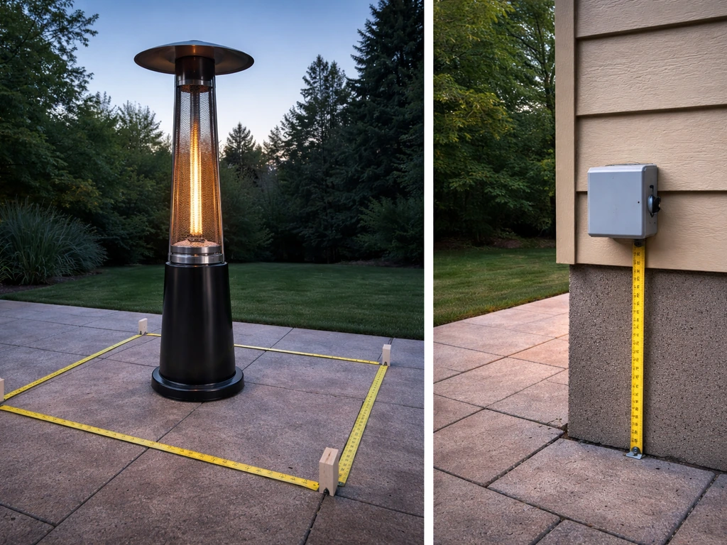 Outdoor propane tower heater with clear marked distance around it and separate view of weatherproof electrical mounting
