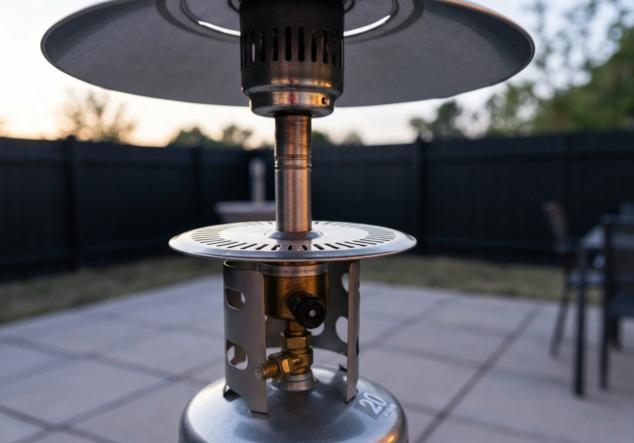 Close-up of a propane freestanding patio heater with attached 20 lb propane tank, burner/emitter area visible.