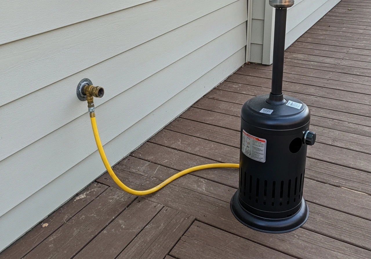 Natural-gas patio heater on a deck with visible gas line connected to an outdoor stub-out.