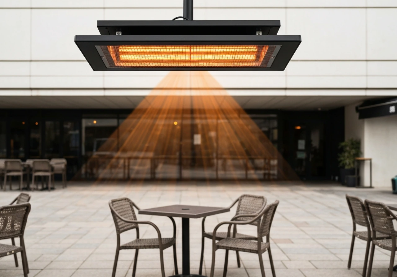 Infrared patio heater overhead, angled heat toward seating in a clean outdoor patio setting.