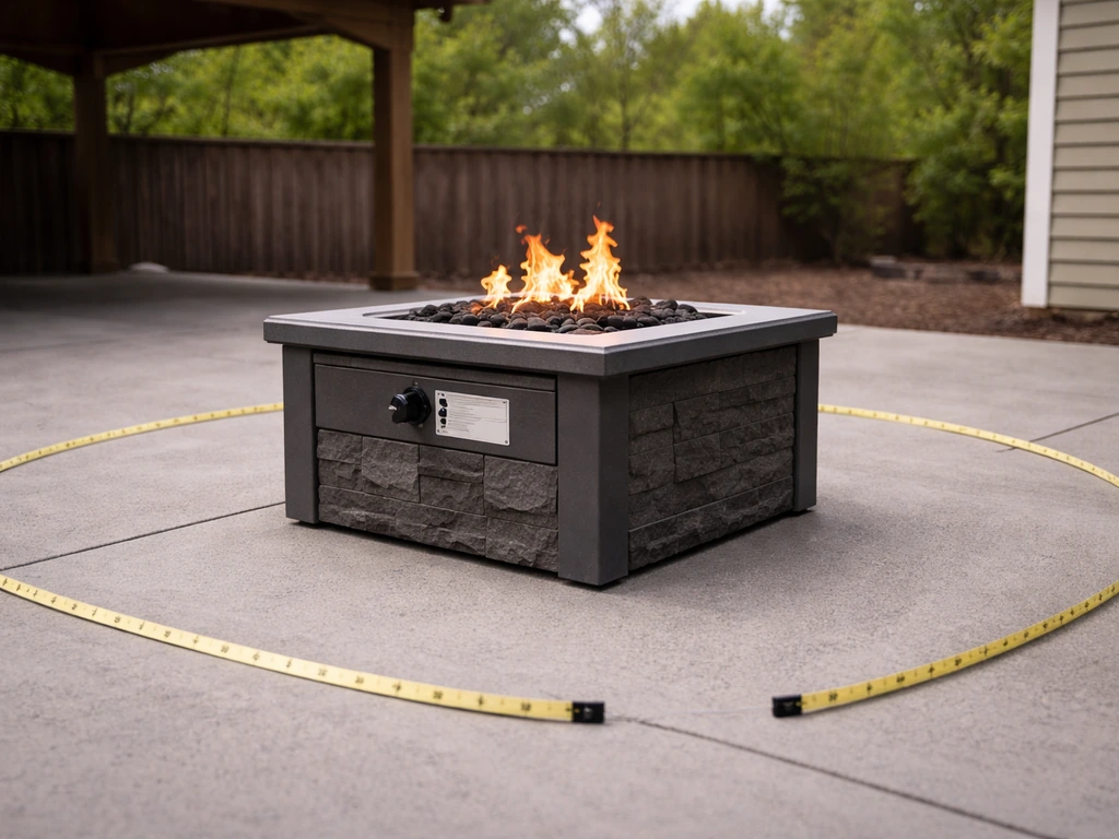Outdoor gas fire pit with tape-measure marked clearance zone and visible safety certification label on the unit.