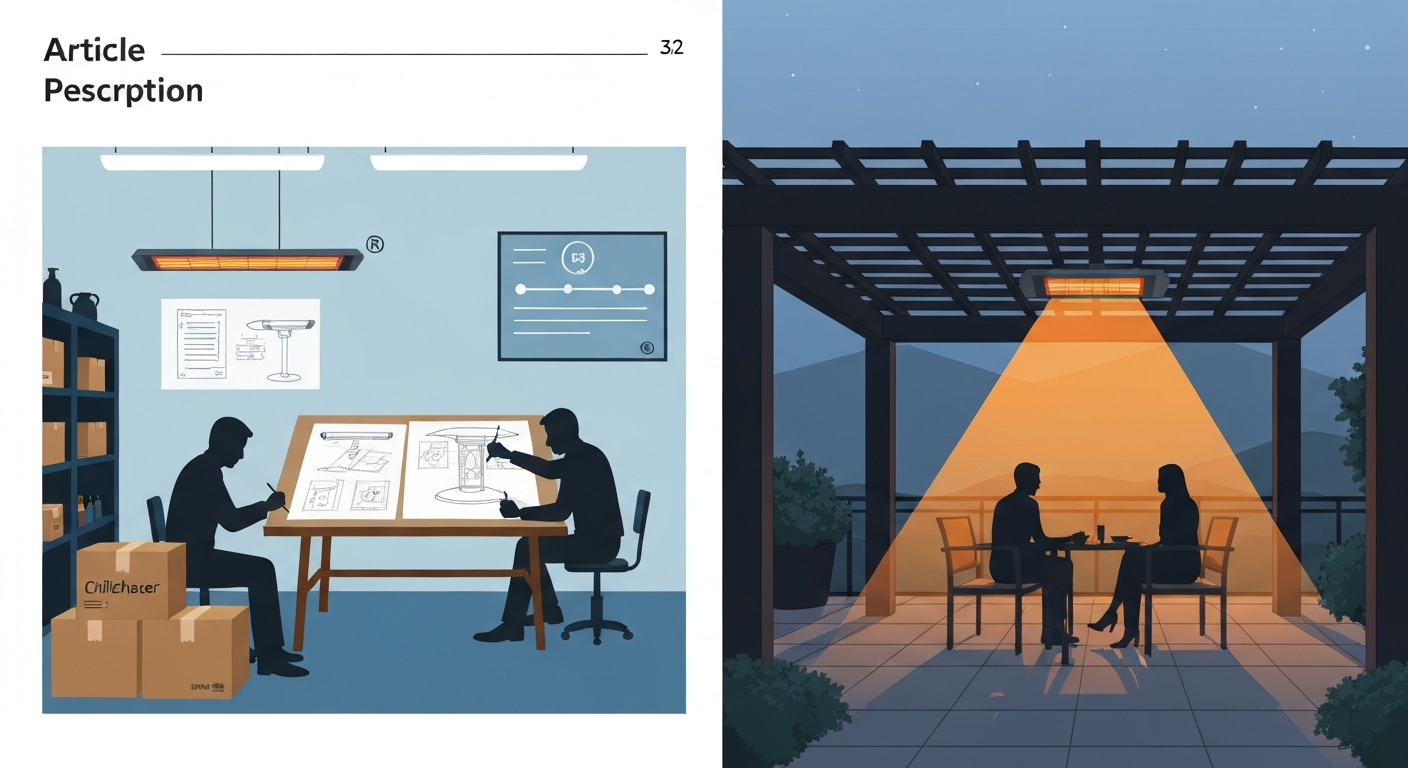 Illustration of a designer and a Chillchaser-style infrared patio heater warming people under a pergola.