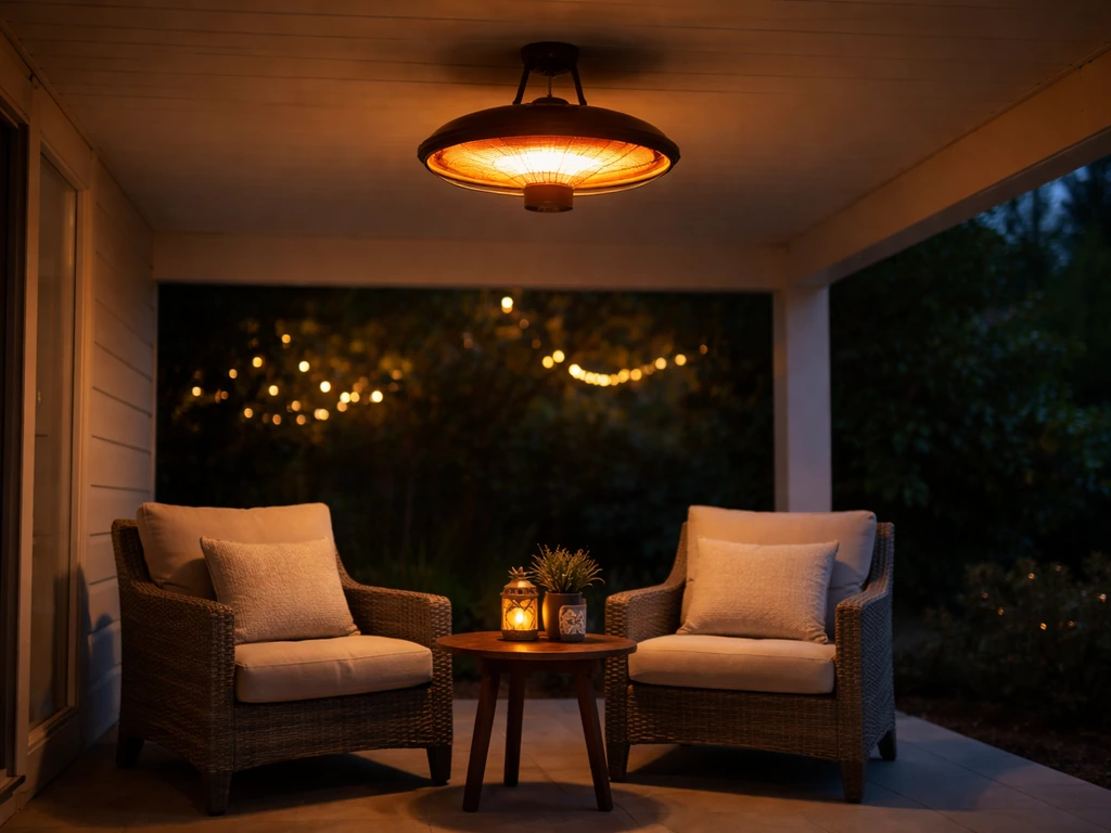 Ceiling-mounted infrared patio heater glowing warmly over a covered outdoor seating area.