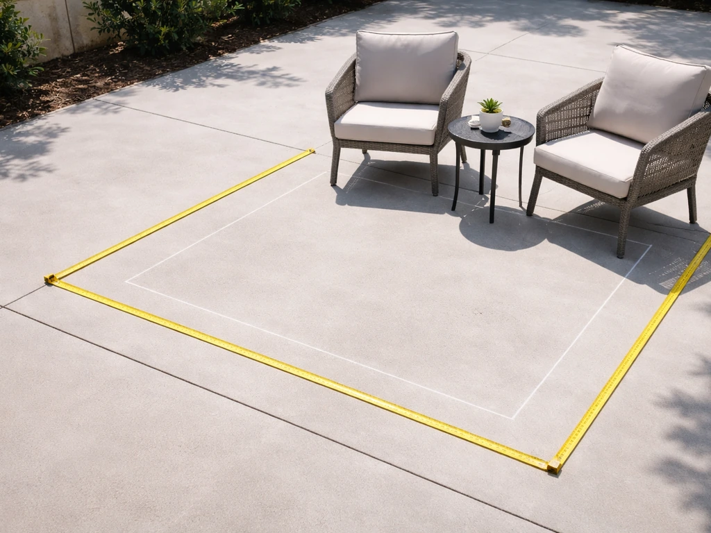 Photo of a patio seating area with measured tape and marked usable seating zone on the floor