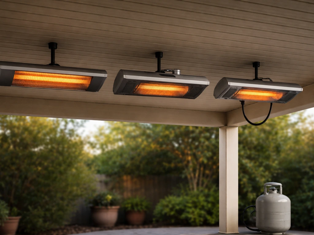 Three overhead patio heaters—electric infrared, natural gas, and propane—shown in a covered outdoor setting.