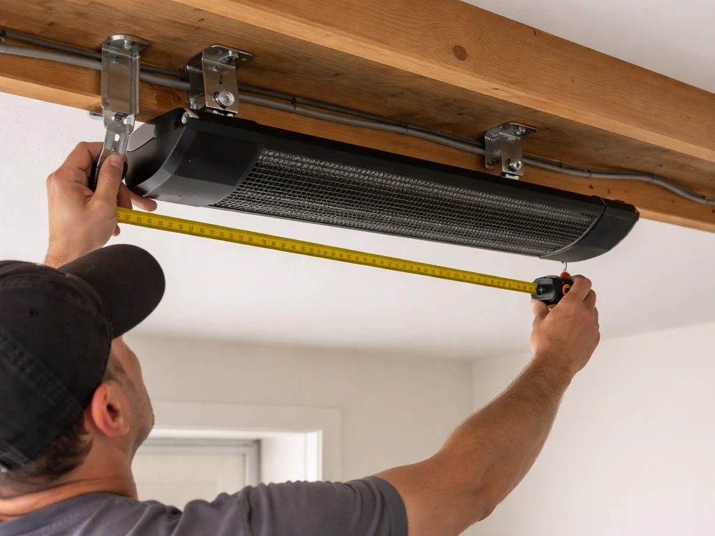 Installer securing an overhead heater to a ceiling, checking clearance with a measuring tape