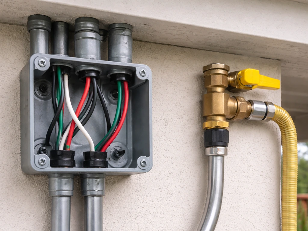 Close-up of an outdoor-rated 240V electrical junction box and nearby gas shutoff valve connection area