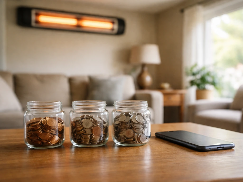 Minimal living room scene with unlabeled coin jars and an overhead electric infrared heater in the background.