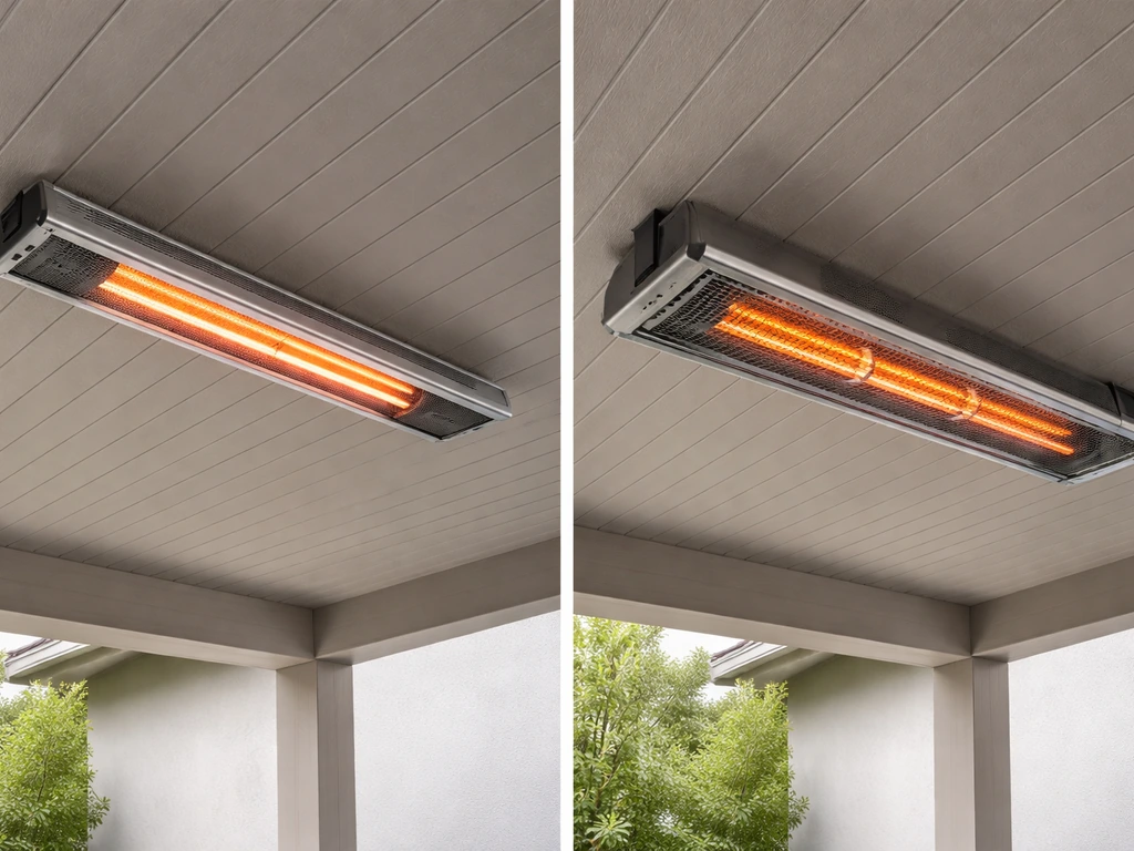 Side-by-side view of an overhead electric infrared heater and a gas radiant ceiling heater in a covered patio