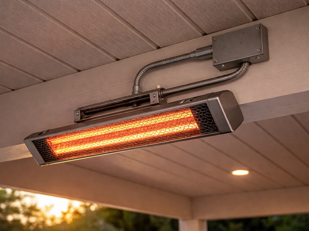 Close-up of an electric infrared ceiling heater mounted on a covered patio ceiling with wiring access panel