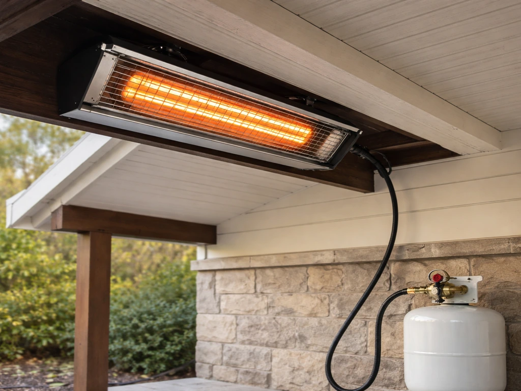 Propane infrared ceiling heater with a regulator and hose routed toward the ceiling mount.