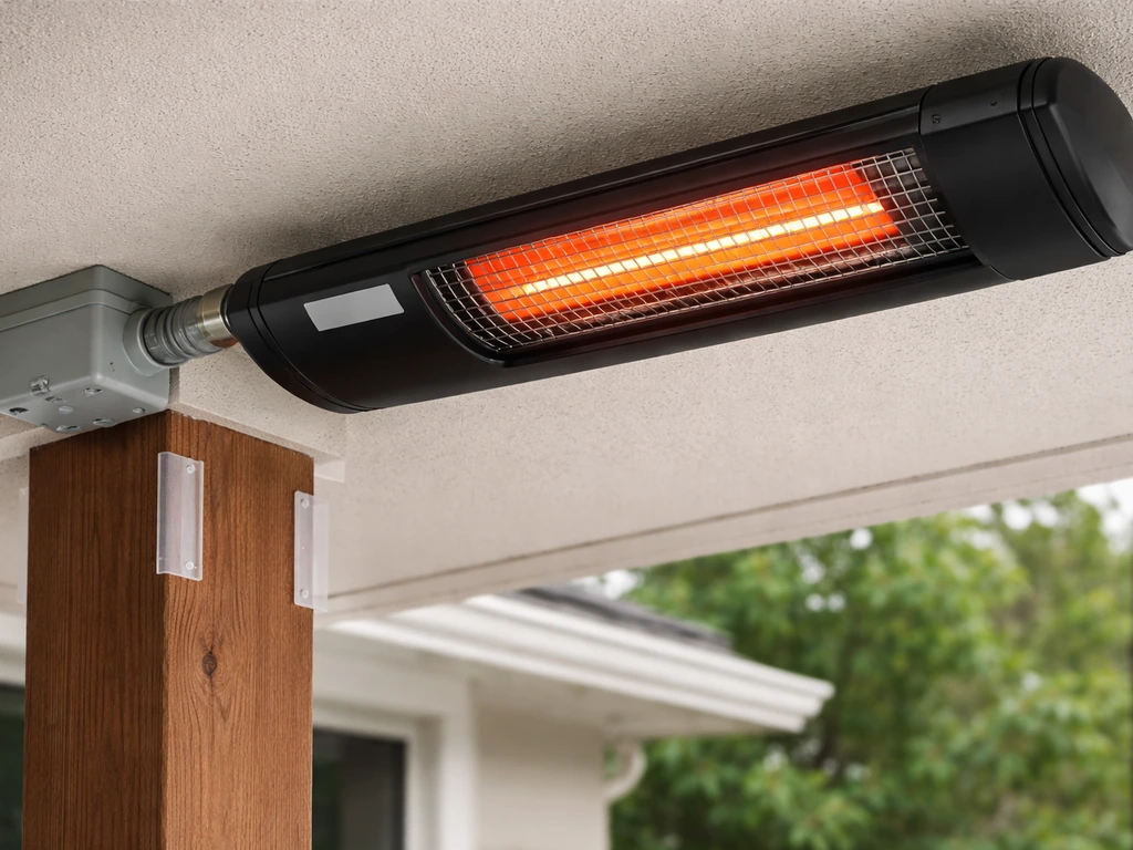 Close-up of an outdoor-rated ceiling heater with a weatherproof junction box cover and proper clearance spacing.