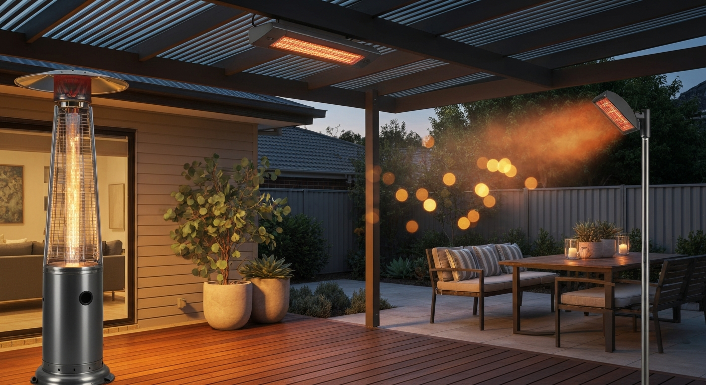 Dusk Australian patio under a pergola with a mushroom LPG heater, a ceiling-mounted electric infrared heater and a wall-mounted radiant heater warming a seating area.