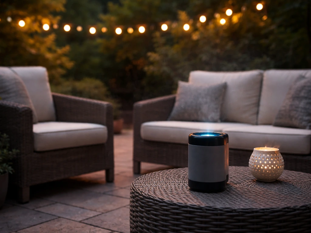 A Thermacell-style mosquito repellent unit on a patio table protecting outdoor seating at dusk.
