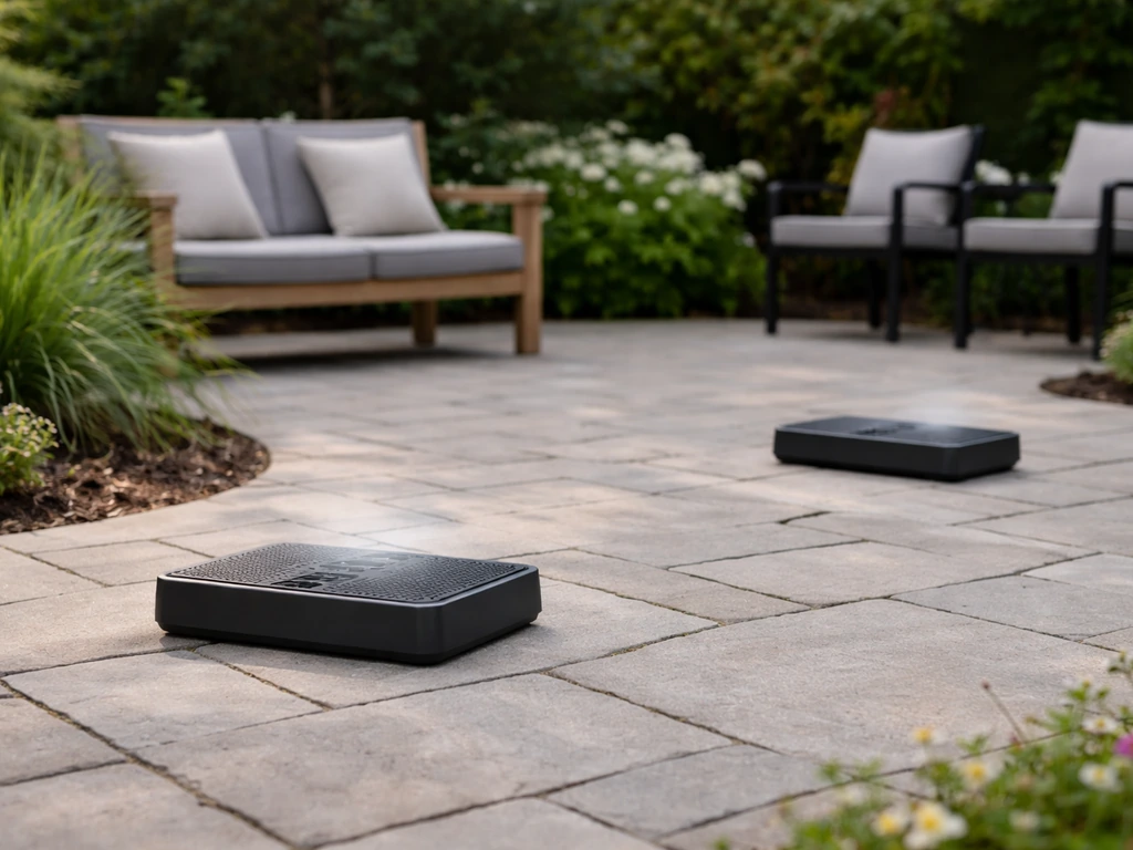 Two patio shield mats on a small patio, showing calm, even coverage around outdoor seating.