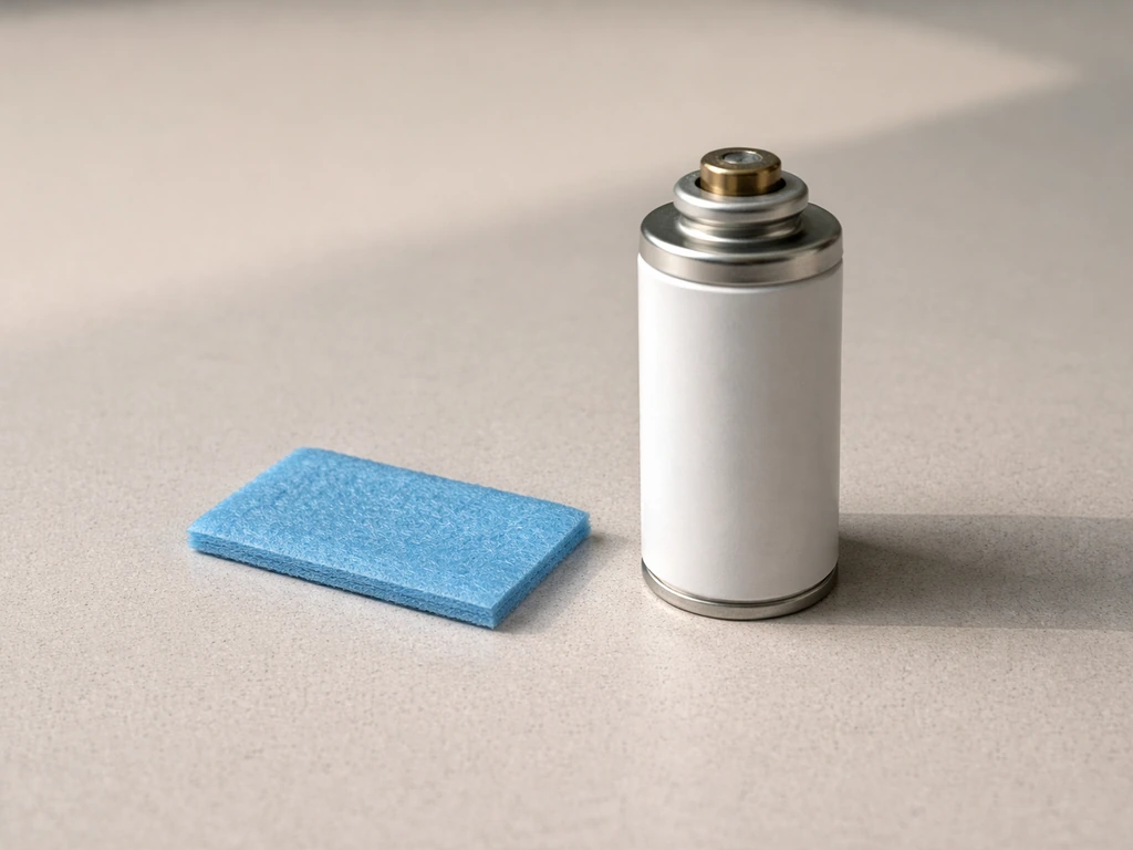 Close-up of a repellant mat and butane cartridge refill pack on a neutral table, minimal background.