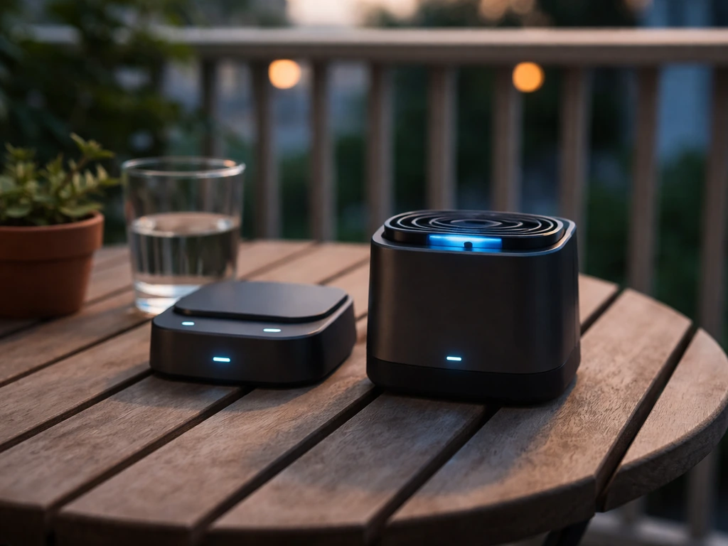 Outdoor bistro table on an apartment deck with a rechargeable-style insect repeller powered, no cartridge visible.