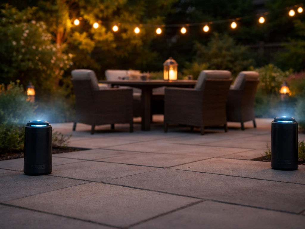Two outdoor insect-repellent units on opposite ends of a large patio with overlapping protection zones.