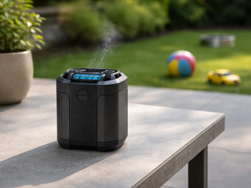 Thermacell-style outdoor mosquito repellent unit on a patio table, positioned away from kids and pets