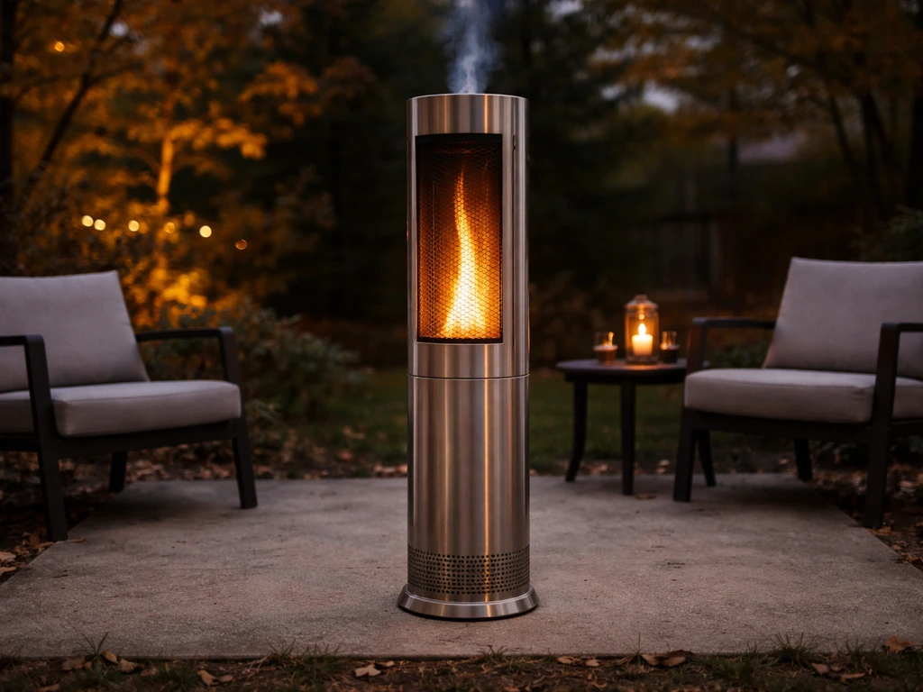 A tall pellet patio heater with warm flames in a simple outdoor patio at dusk.
