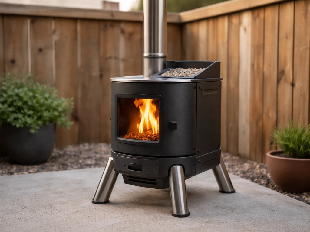 Compact pellet patio heater on a small patio, showing a budget-friendly, space-saving design.