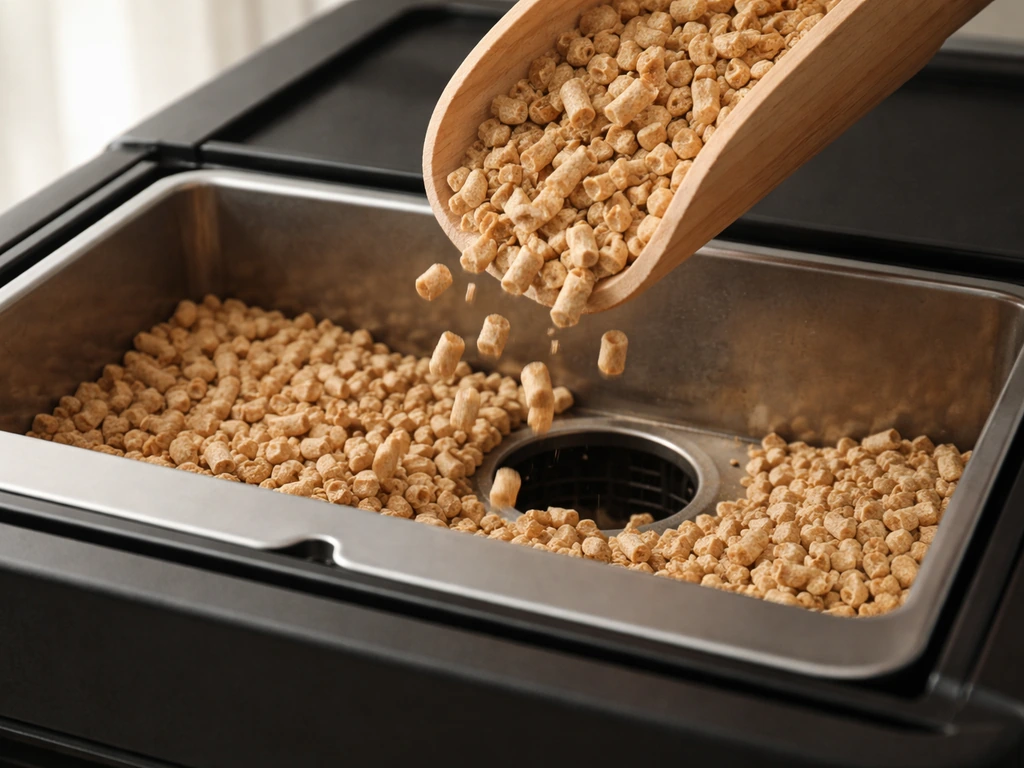 Premium softwood pellets being poured into a pellet heater hopper, close-up with natural wood texture.