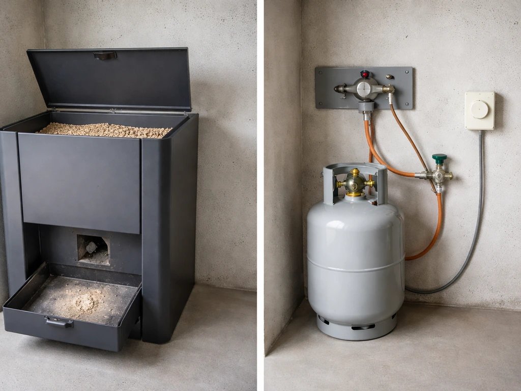 Side-by-side pellet heater handling area and propane cylinder with a simple electric heater control panel.